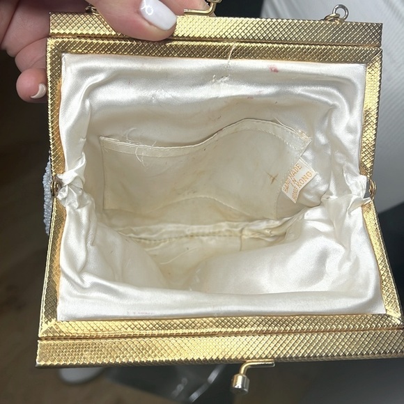 Vintage White Glass Beaded Enamel Frame Evening Handbag - Picture 5 of 6